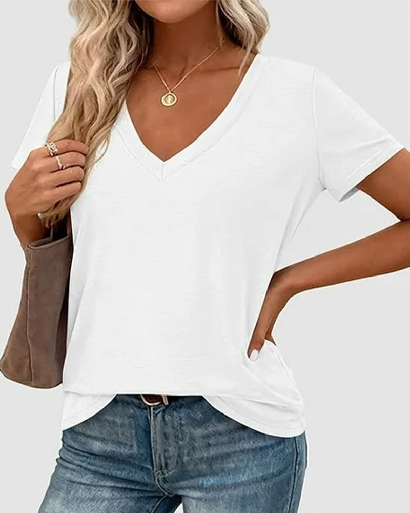 T-shirt pullover scollo a V a tinta unita