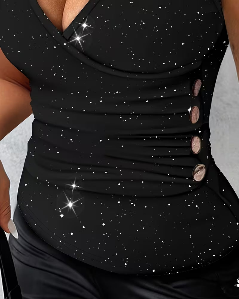 T-Shirt Sexy Scollo a V Bottone Metallico