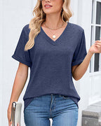 T-shirt a tinta unita con scollo a V casual a maniche corte
