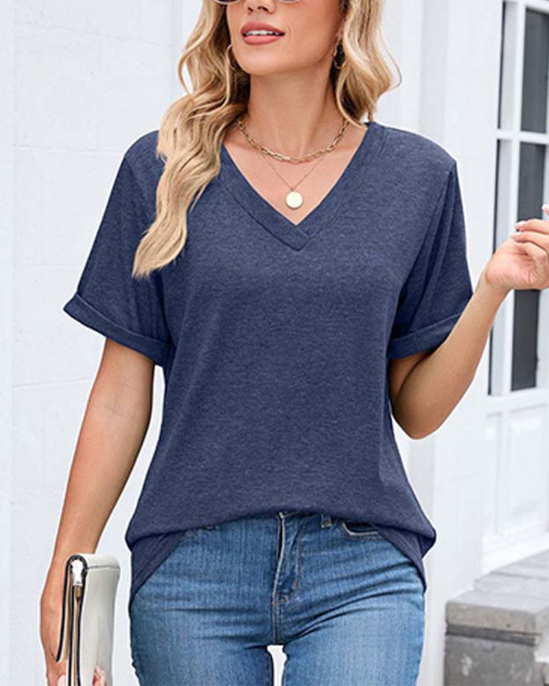 T-shirt a tinta unita con scollo a V casual a maniche corte