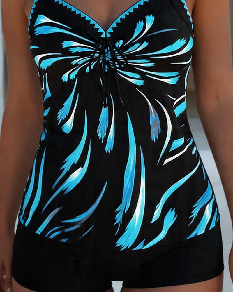 Tankini con stampa a blocchi di colore e laccetti