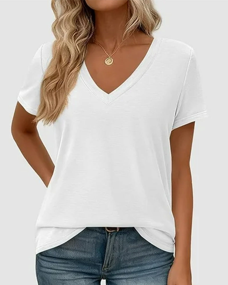 T-shirt pullover scollo a V a tinta unita