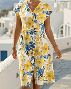Vestito Stampa Floreale Scollo a V Maniche Corte