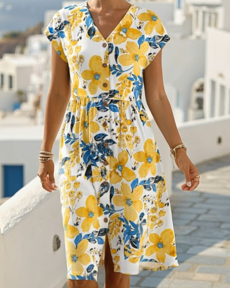 Vestito Stampa Floreale Scollo a V Maniche Corte
