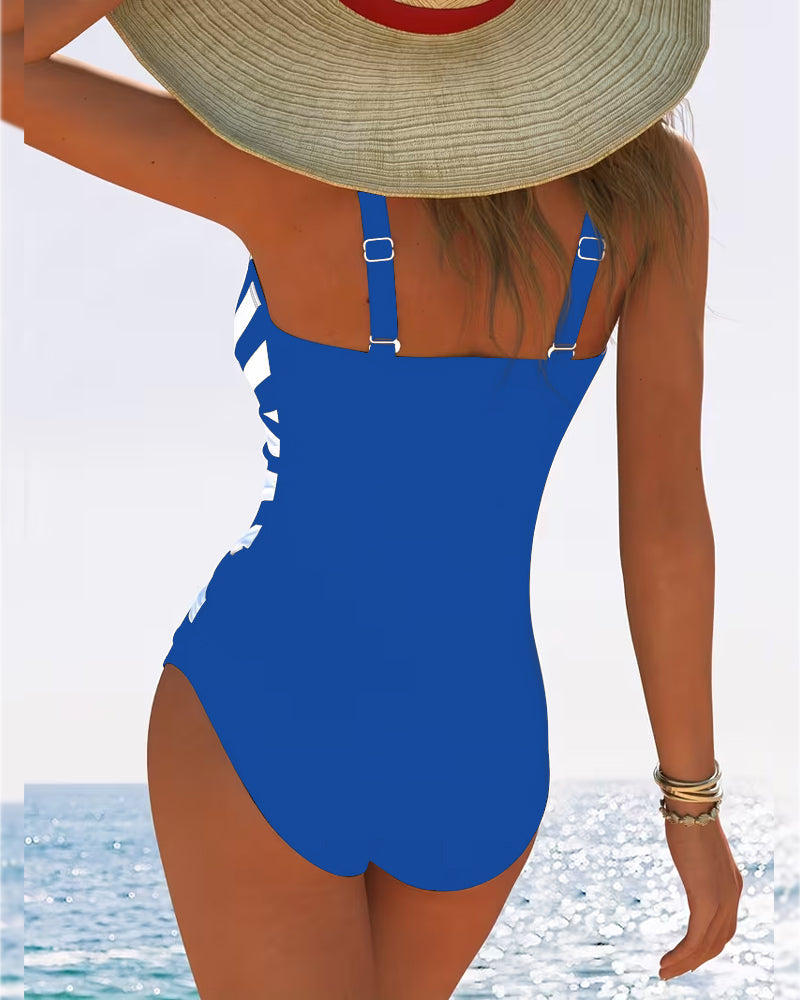 Costume da bagno intero casual a righe con scollo a V