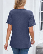 T-shirt a tinta unita con scollo a V casual a maniche corte