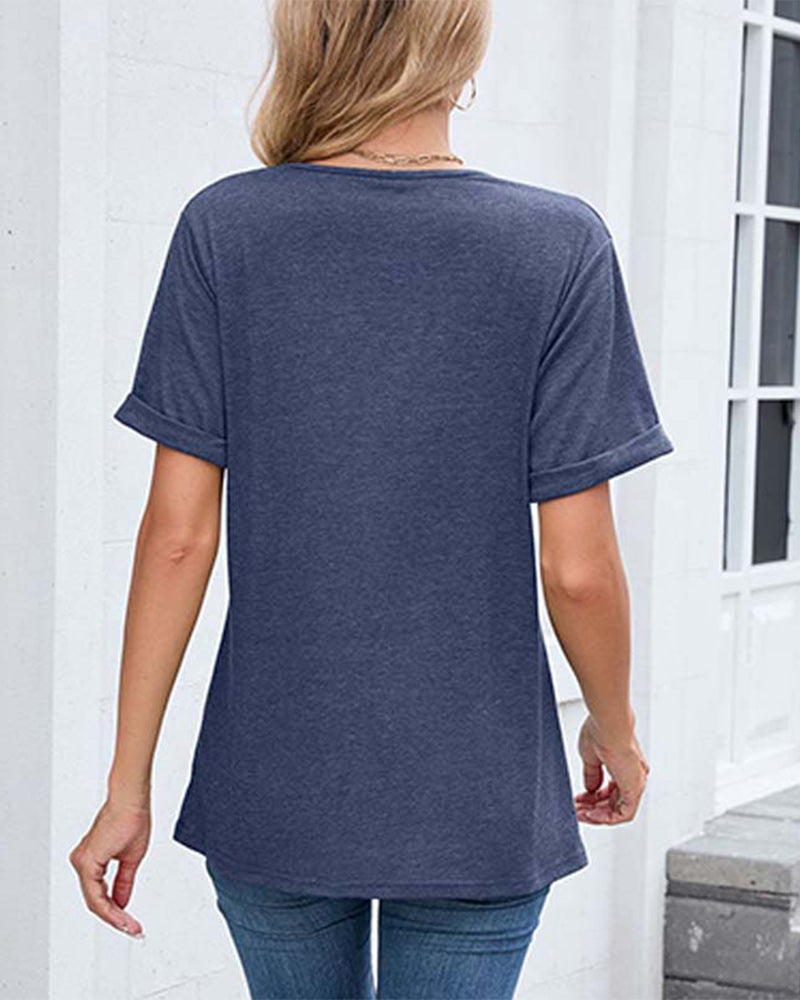T-shirt a tinta unita con scollo a V casual a maniche corte