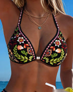 Costume da bagno bikini due pezzi con nodo al collo, fantasia floreale etnica
