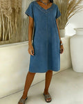 Abito Casual Scollo a V Manica Corta in Denim