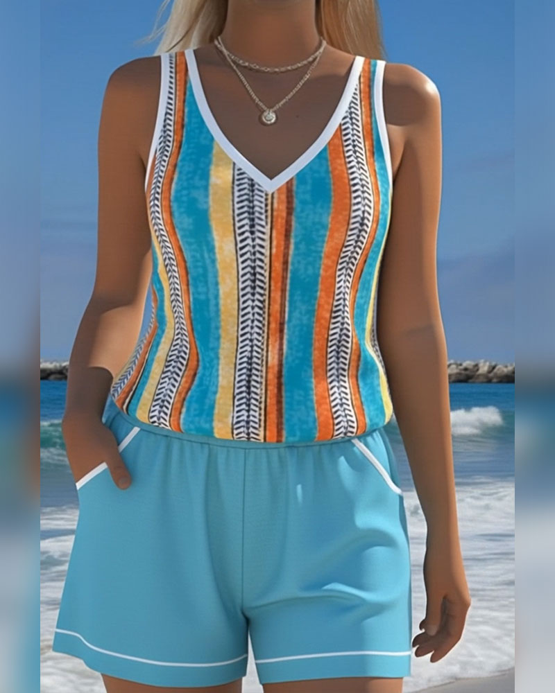 Tankini Costume Da Bagno Con Scollo A V Stampato