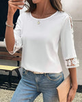 T-shirt unita con trafori all'uncinetto patchwork