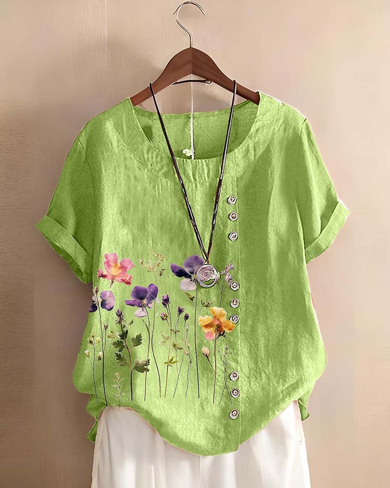 T-shirt floreale con stampa, girocollo, manica corta