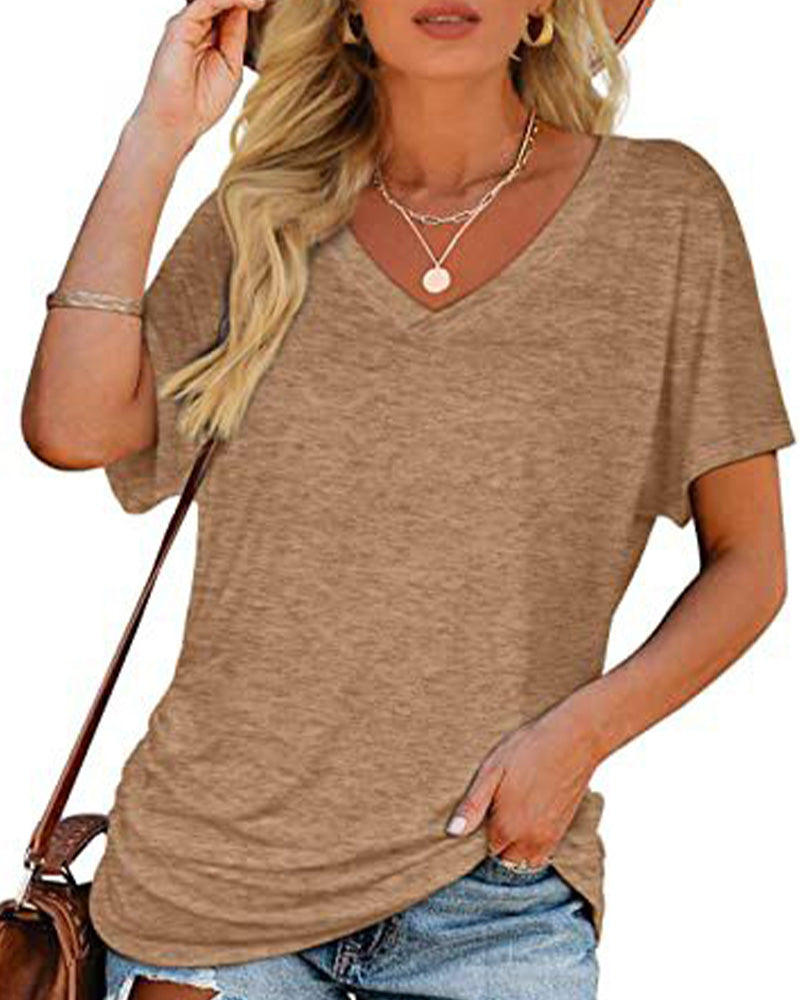 T-shirt Plissé Monocromatico con Scollo a V