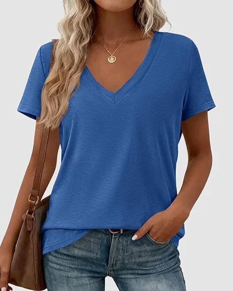 T-shirt pullover scollo a V a tinta unita
