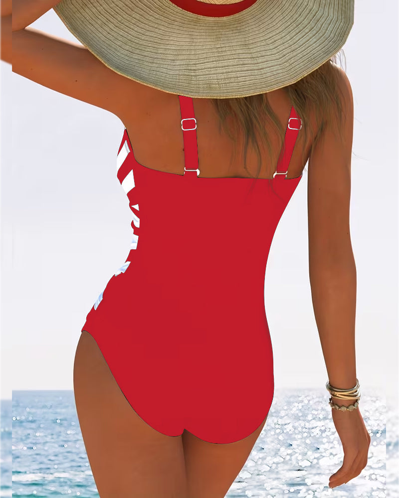 Costume da bagno intero casual a righe con scollo a V