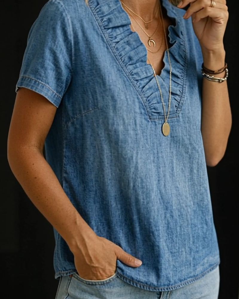 Camicetta svasata con scollo a V in denim
