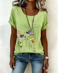 T-shirt floreale con stampa, girocollo, manica corta