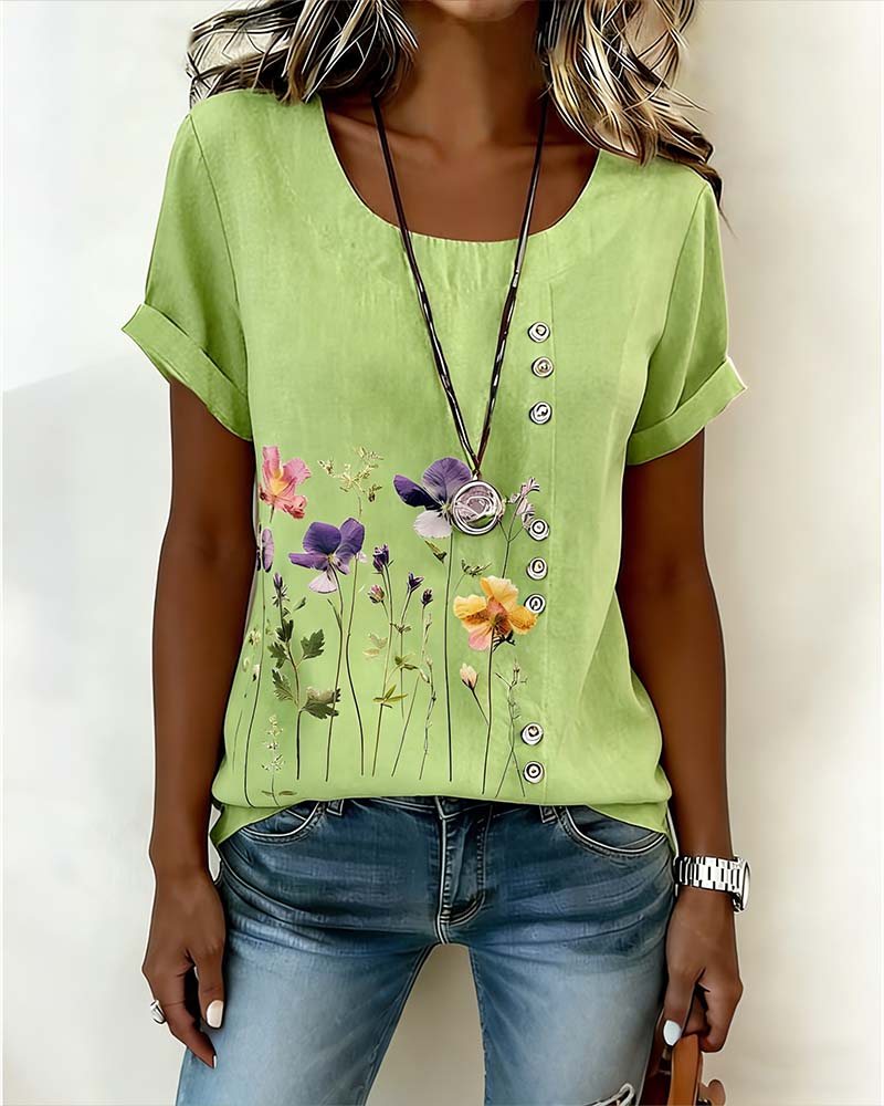 T-shirt floreale con stampa, girocollo, manica corta