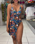 Costume Da Bagno Intero Colorato Stampato Spacco Spalline