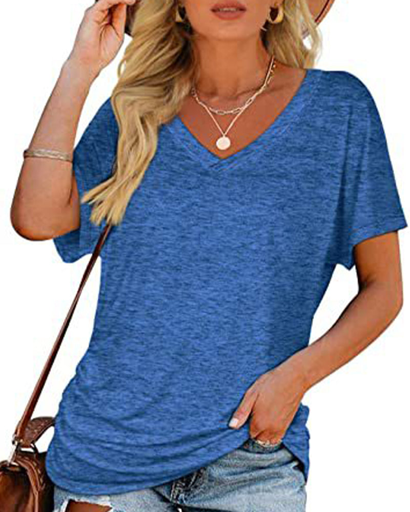 T-shirt Plissé Monocromatico con Scollo a V