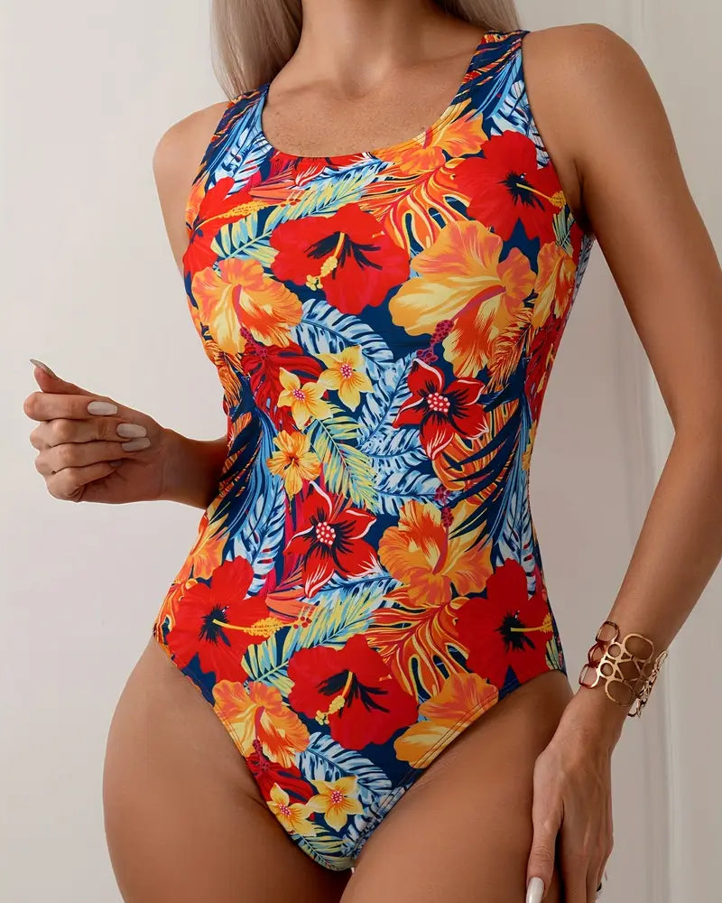 Costume da bagno intero scollo rotondo spalline larghe motivo floreale