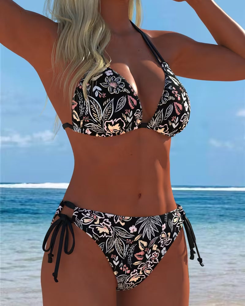 Bikini due pezzi con stampa floreale da annodare al collo
