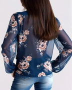 Blusa stampata di tendenza con scollo a V e maniche lunghe