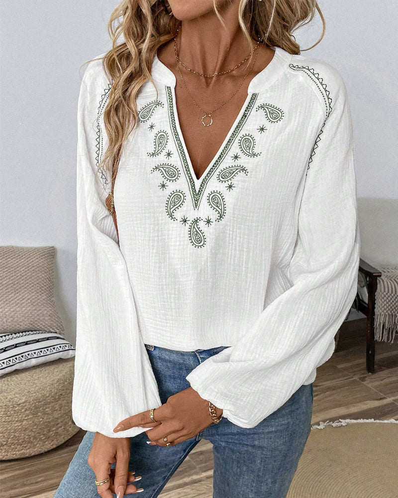Camicetta casual stampata a maniche lunghe con scollo a V