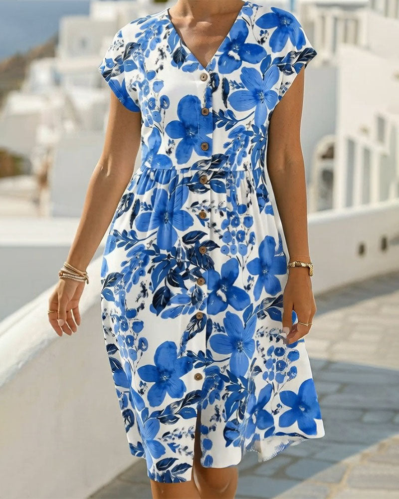 Vestito Stampa Floreale Scollo a V Maniche Corte