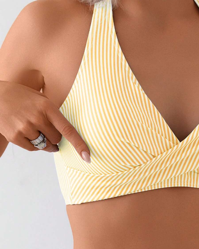 Costume da bagno due pezzi a righe con scollo a V