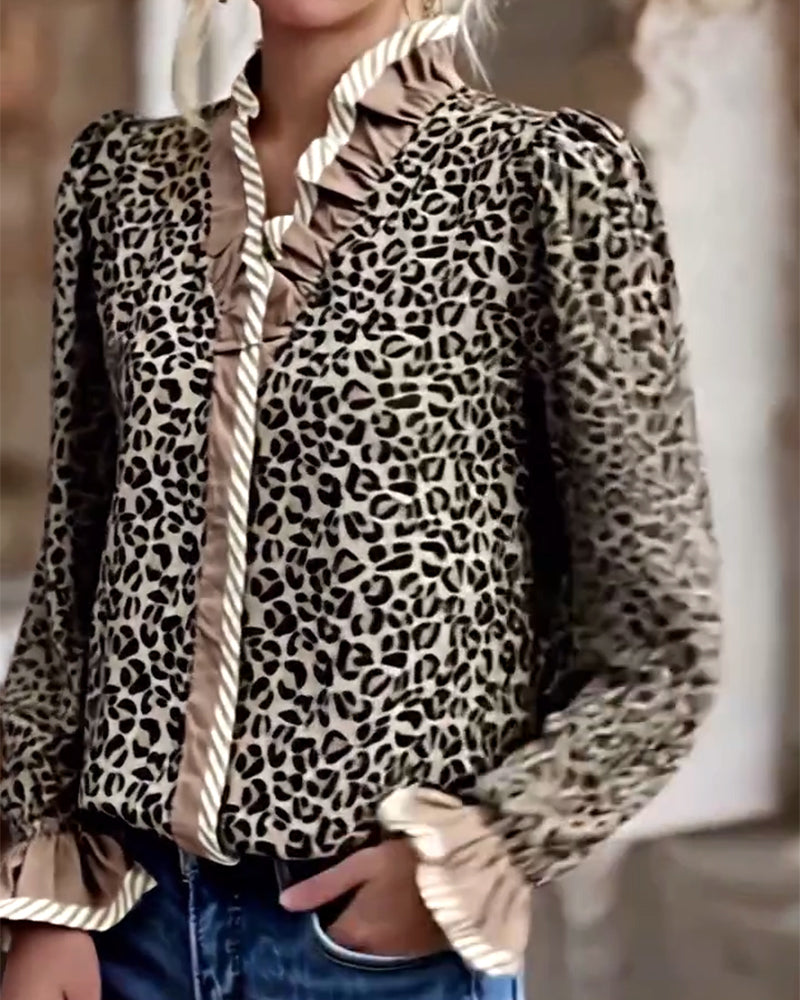 Camicetta casual a maniche lunghe con stampa leopardata
