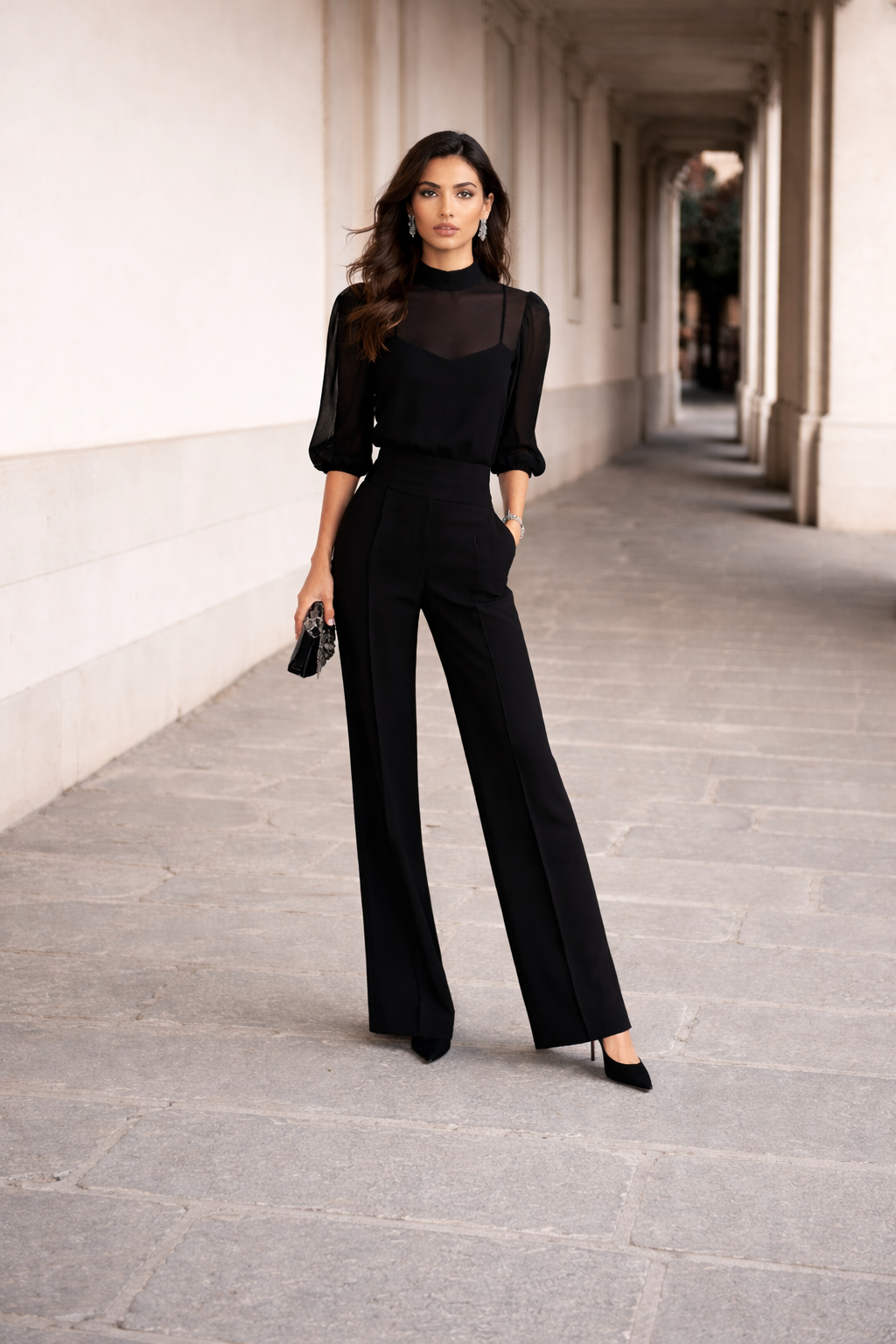 Valentina | Completo Tre Pezzi Composto da una Camisola Trasparente e Pantaloni a Gamba Larga.