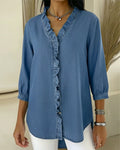 Camicetta con Volant Collo a V Denim