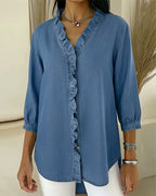 Camicetta con Volant Collo a V Denim