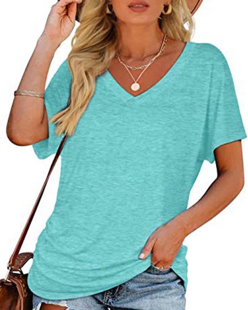 T-shirt Plissé Monocromatico con Scollo a V