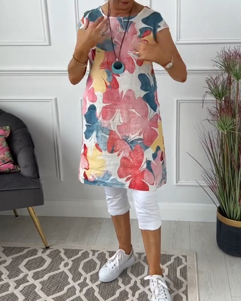 Maglia lunga casual con stampa floreale colorata