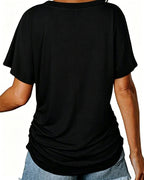 T-shirt Plissé Monocromatico con Scollo a V