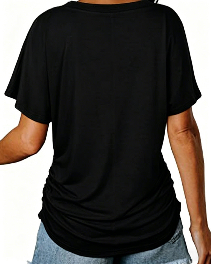 T-shirt Plissé Monocromatico con Scollo a V