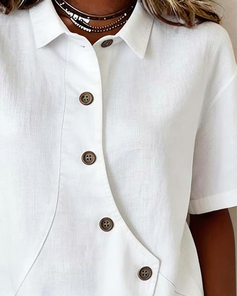 Camicia con Patta in Cotone-lino Asimmetrica abbottonata