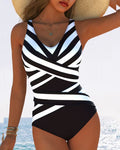 Costume da bagno intero casual a righe con scollo a V