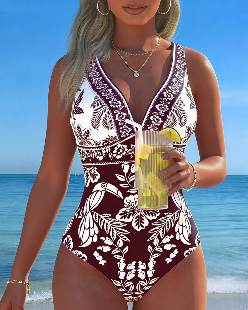 Costume intero con fiori e uccelli tropicali