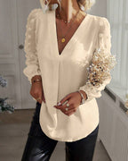 Blusa 3D Fiore Maniche a Lanterna Scollo a V