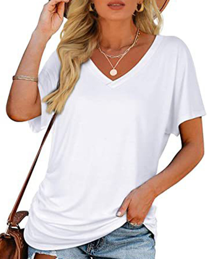 T-shirt Plissé Monocromatico con Scollo a V