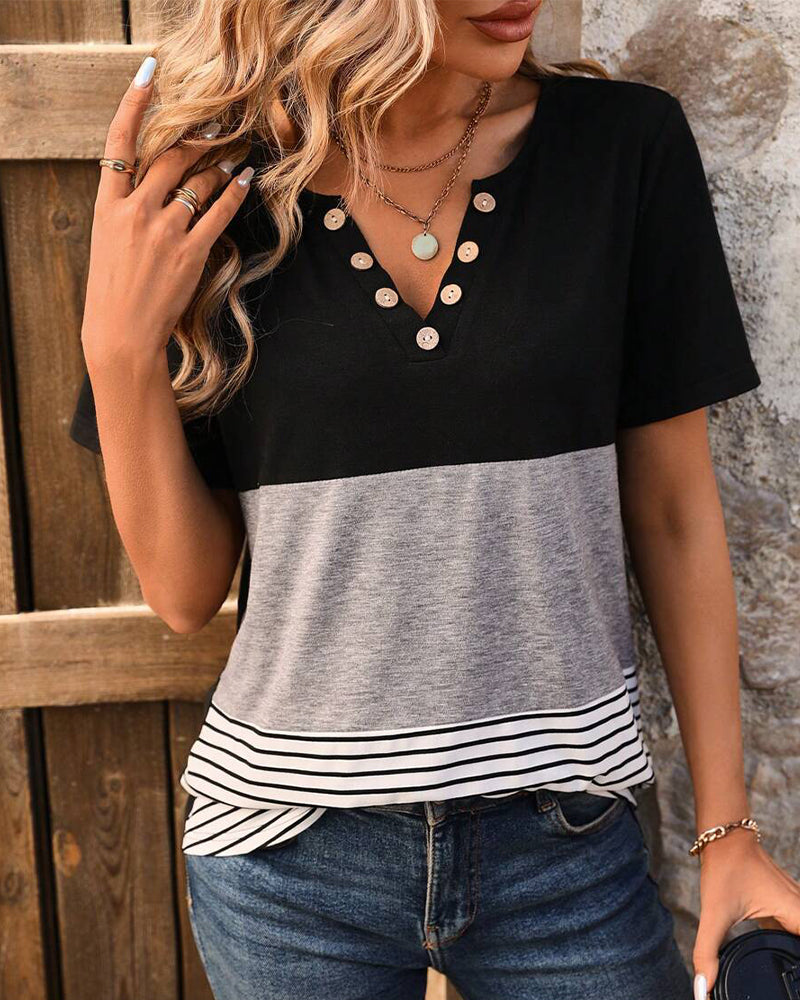 T-Shirt Casual A Righe Con Colore A Contrasto