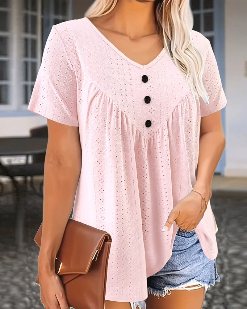 T-shirt casual scollo a V intagliato maniche corte