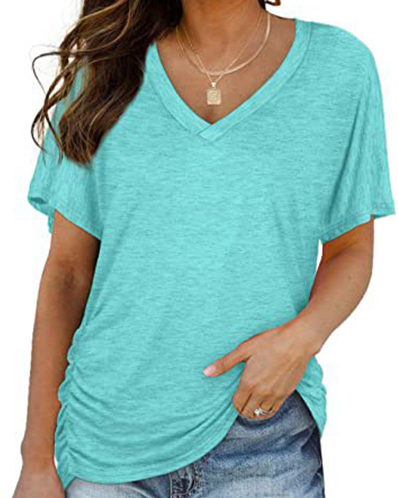 T-shirt Plissé Monocromatico con Scollo a V