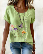 T-shirt floreale con stampa, girocollo, manica corta