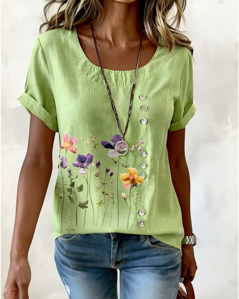 T-shirt floreale con stampa, girocollo, manica corta