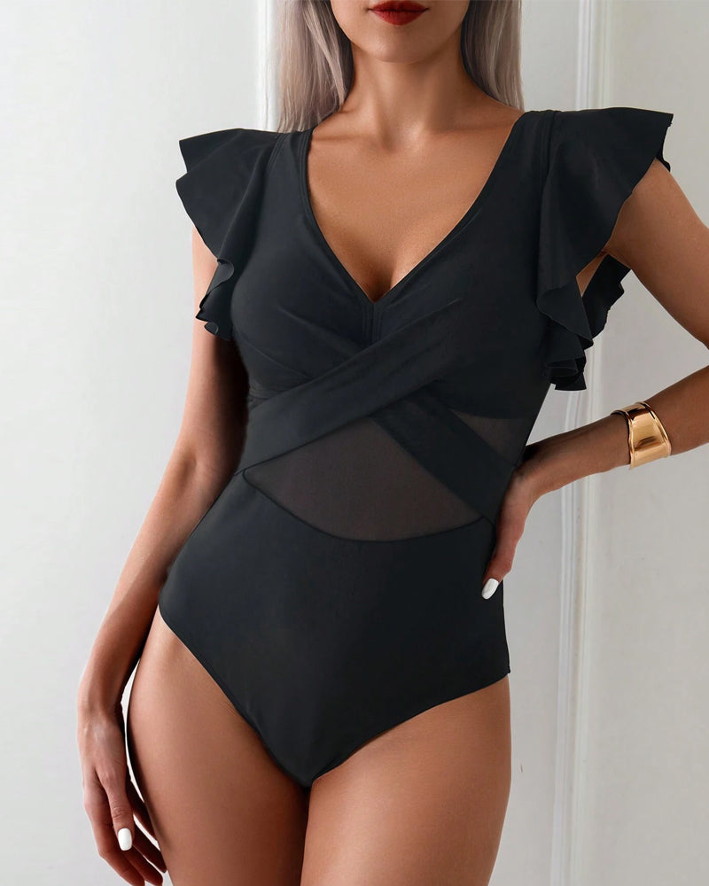 Costume da bagno intero a volant in mesh