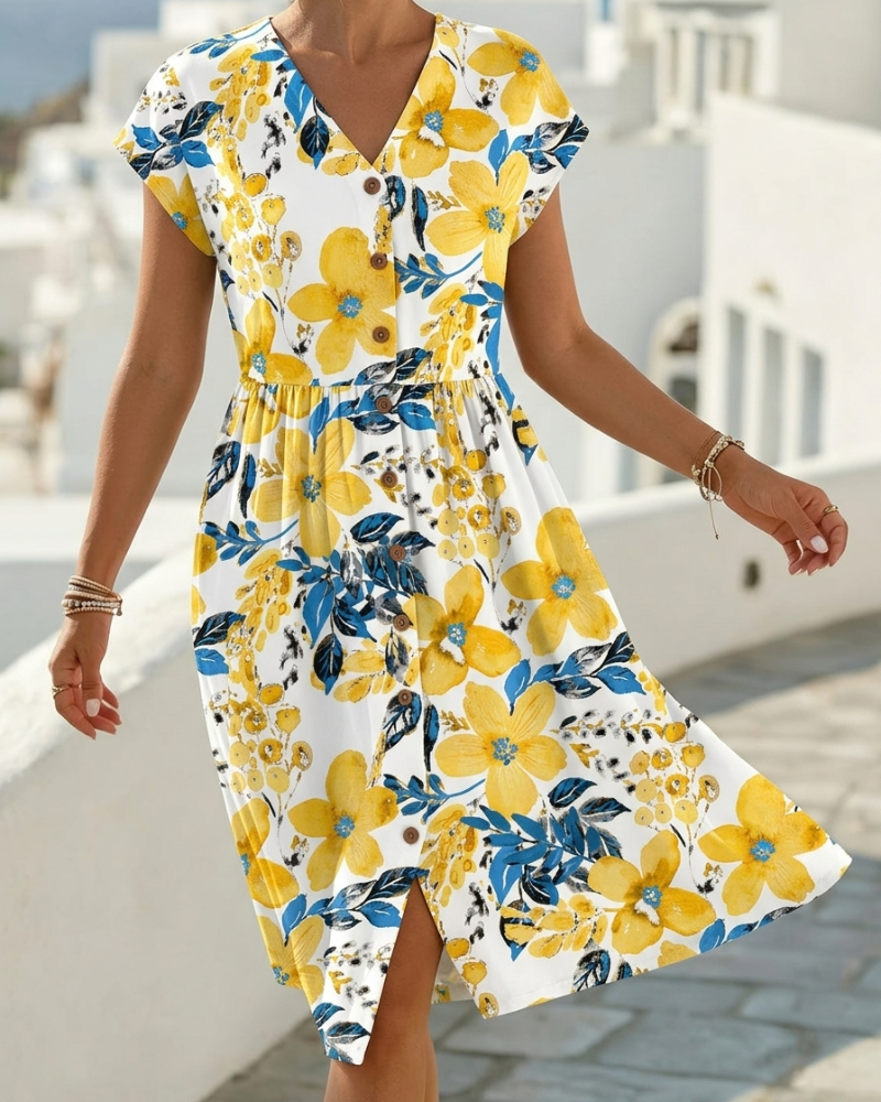 Vestito Stampa Floreale Scollo a V Maniche Corte